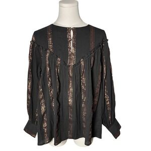 Antik Batik Julia Metallic Stripe Cotton Blouse S/38 Black Bronze‎